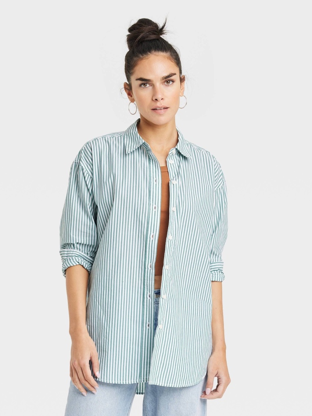 Oversized Long Sleeve Collared Button-Down Shirt - Green Striped M